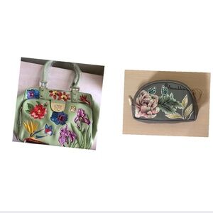 New Sharif Celadon Leather Embroidered Floral Bag & Anuschka Blue Change Purse